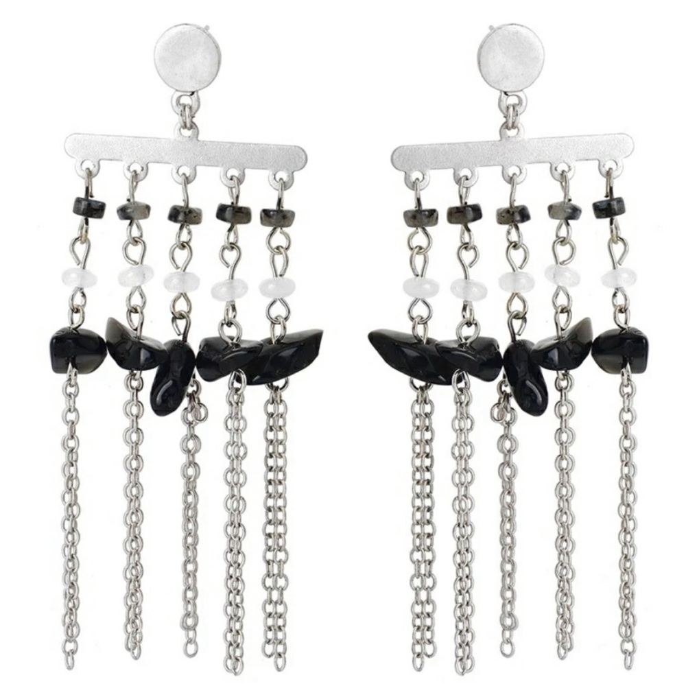 Silver Dangle Earrings w/ Onyx Labradorite Quartz